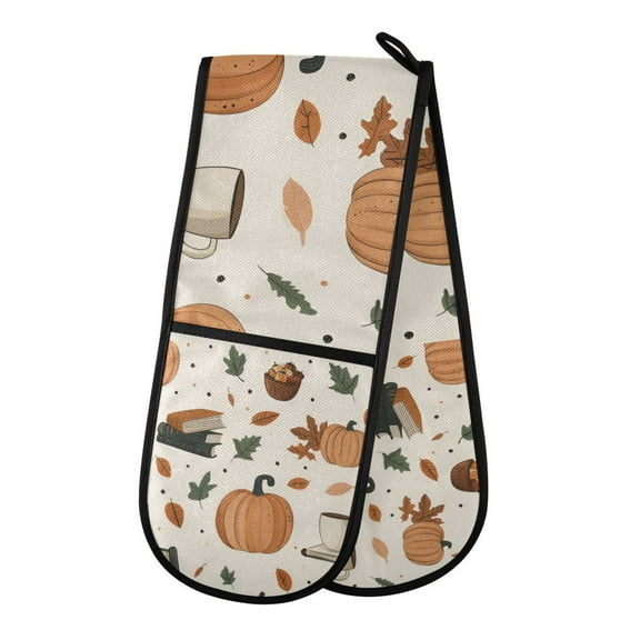 Yayeee Double Oven Mitt Kitchen Heat Resistant Baking 35" x7" Quilted Glove, Beige Fall Leaves