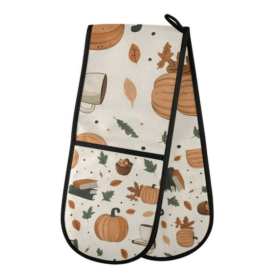 Yayeee Double Oven Mitt Kitchen Heat Resistant Baking 35" x7" Quilted Glove, Beige Fall Leaves