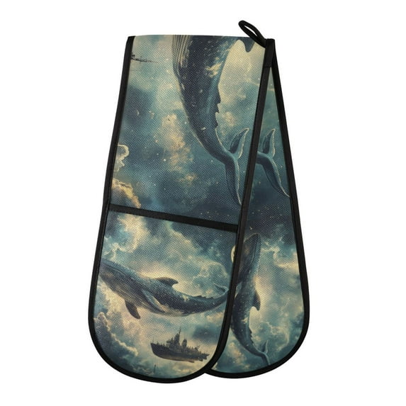 Yayeee Double Oven Mitt Kitchen Heat Resistant Baking 35" x7" Quilted Glove, Beige Floating Whale