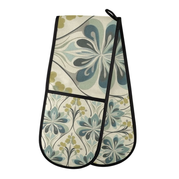 Yayeee Double Oven Mitt Kitchen Heat Resistant Baking 35" x7" Quilted Glove, Beige Floral Pattern