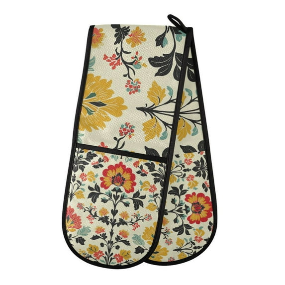 Yayeee Double Oven Mitt Kitchen Heat Resistant Baking 35" x7" Quilted Glove, Beige Floral