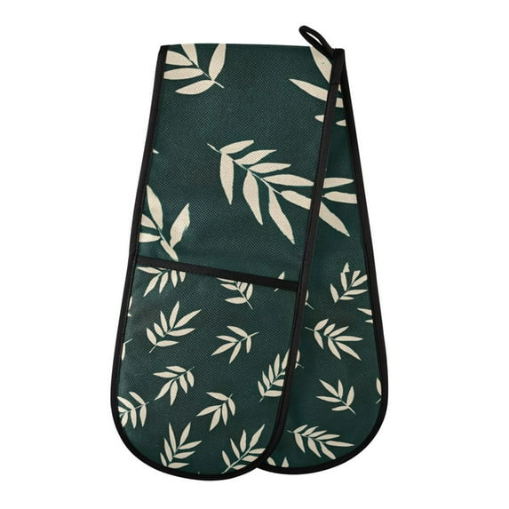 Yayeee Double Oven Mitt Kitchen Heat Resistant Baking 35" x7" Quilted Glove, Beige Leaves