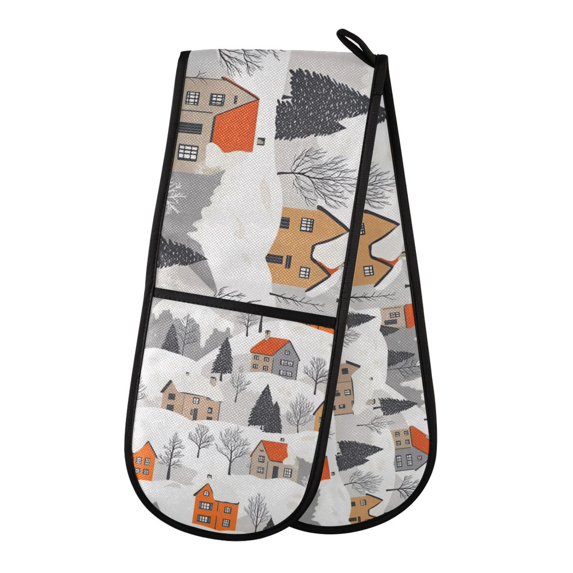 Yayeee Double Oven Mitt Kitchen Heat Resistant Baking 35" x7" Quilted Glove, Beige Snow Houses