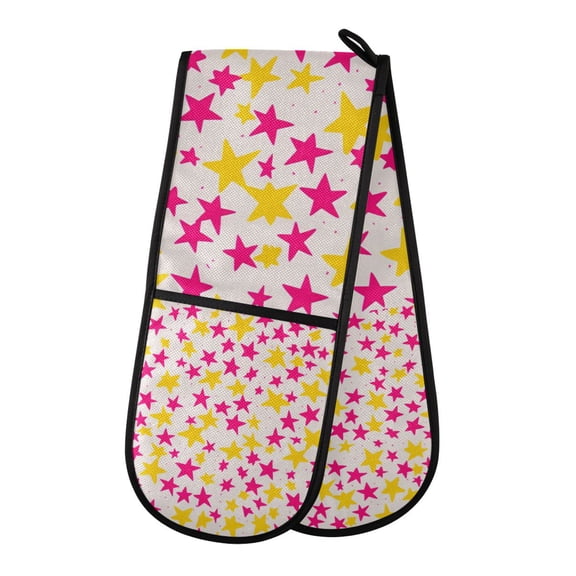 Yayeee Double Oven Mitt Kitchen Heat Resistant Baking 35" x7" Quilted Glove, Beige Stars