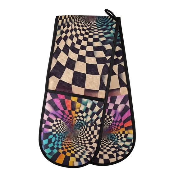 Yayeee Double Oven Mitt Kitchen Heat Resistant Baking 35" x7" Quilted Glove, Beige Wavy Plaid