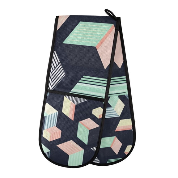 Yayeee Double Oven Mitt Kitchen Heat Resistant Baking 35" x7" Quilted Glove, Black Cubes