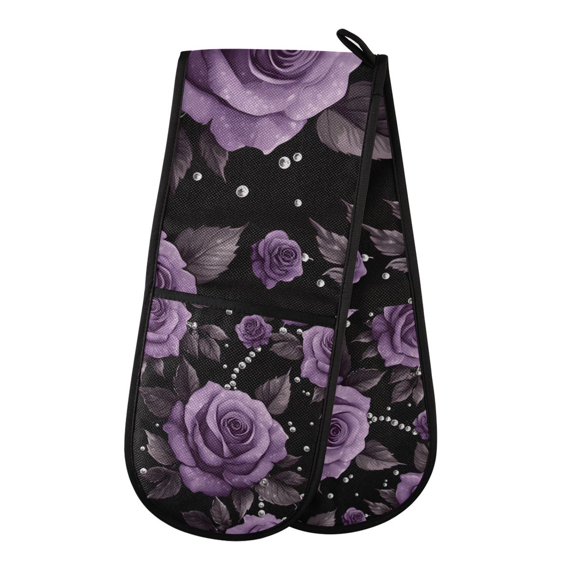 Yayeee Double Oven Mitt Kitchen Heat Resistant Baking 35" x7" Quilted Glove, Black Roses