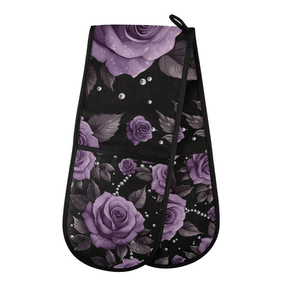 Yayeee Double Oven Mitt Kitchen Heat Resistant Baking 35" x7" Quilted Glove, Black Roses