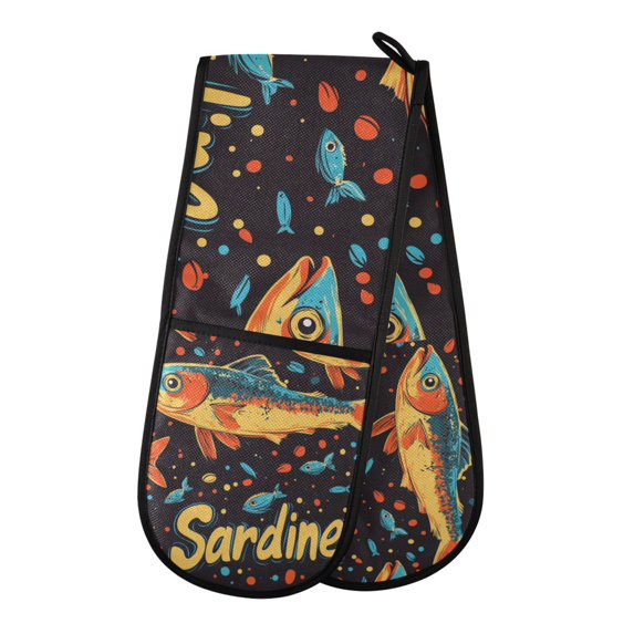 Yayeee Double Oven Mitt Kitchen Heat Resistant Baking 35" x7" Quilted Glove, Black Sardines Pattern