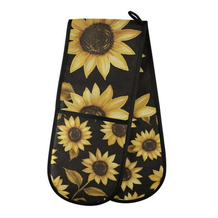 Yayeee Double Oven Mitt Kitchen Heat Resistant Baking 35" x7" Quilted Glove, Black Sunflower Pattern