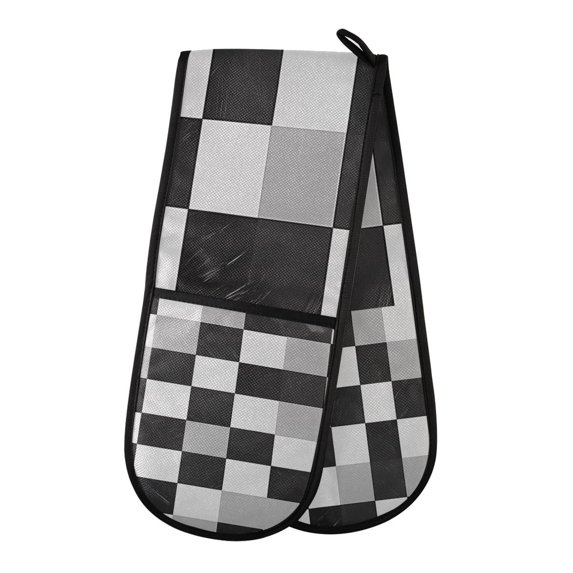 Yayeee Double Oven Mitt Kitchen Heat Resistant Baking 35" x7" Quilted Glove, Black and Gray Plaid Pattern