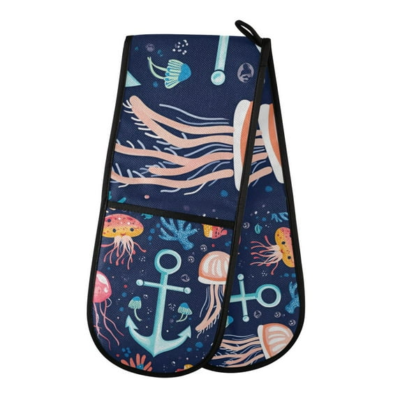 Yayeee Double Oven Mitt Kitchen Heat Resistant Baking 35" x7" Quilted Glove, Blue Anchor