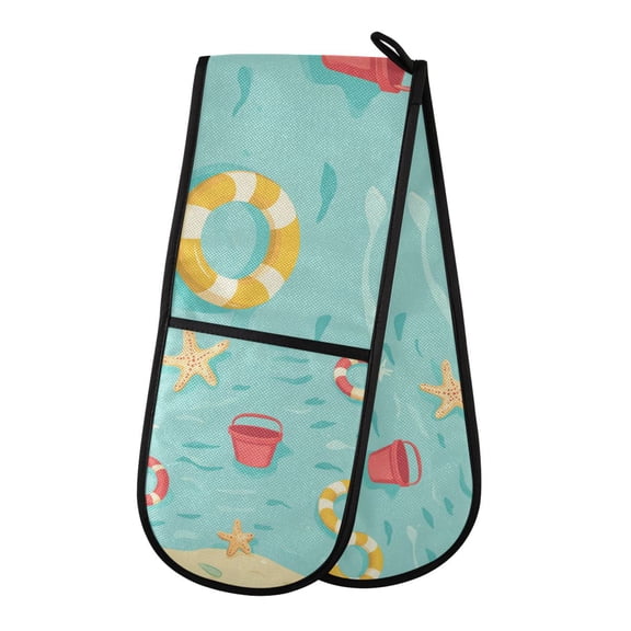 Yayeee Double Oven Mitt Kitchen Heat Resistant Baking 35" x7" Quilted Glove, Blue Beach Pattern