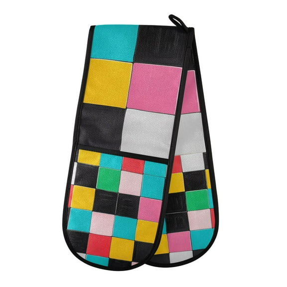 Yayeee Double Oven Mitt Kitchen Heat Resistant Baking 35" x7" Quilted Glove, Blue Checkered Pattern