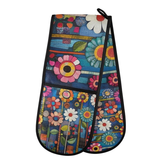 Yayeee Double Oven Mitt Kitchen Heat Resistant Baking 35" x7" Quilted Glove, Blue Colorful Flowers