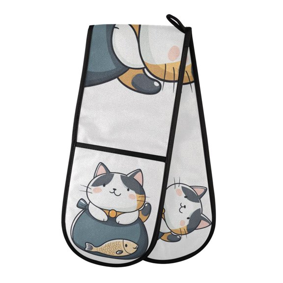 Yayeee Double Oven Mitt Kitchen Heat Resistant Baking 35" x7" Quilted Glove, Blue Cute Cat