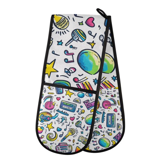 Yayeee Double Oven Mitt Kitchen Heat Resistant Baking 35" x7" Quilted Glove, Blue Doodle Pattern