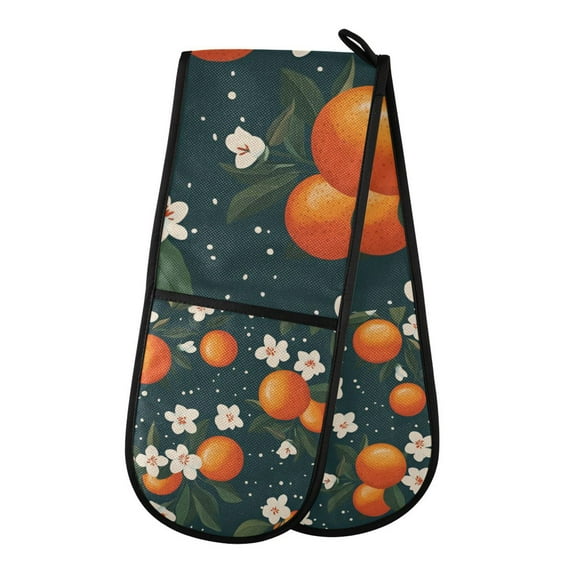Yayeee Double Oven Mitt Kitchen Heat Resistant Baking 35" x7" Quilted Glove, Blue Floral Oranges
