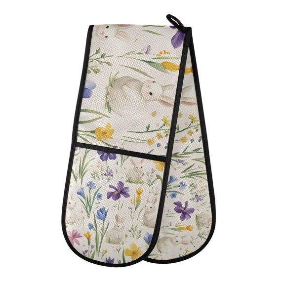 Yayeee Double Oven Mitt Kitchen Heat Resistant Baking 35" x7" Quilted Glove, Blue Floral Rabbit