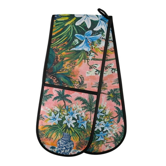 Yayeee Double Oven Mitt Kitchen Heat Resistant Baking 35" x7" Quilted Glove, Blue Flowers