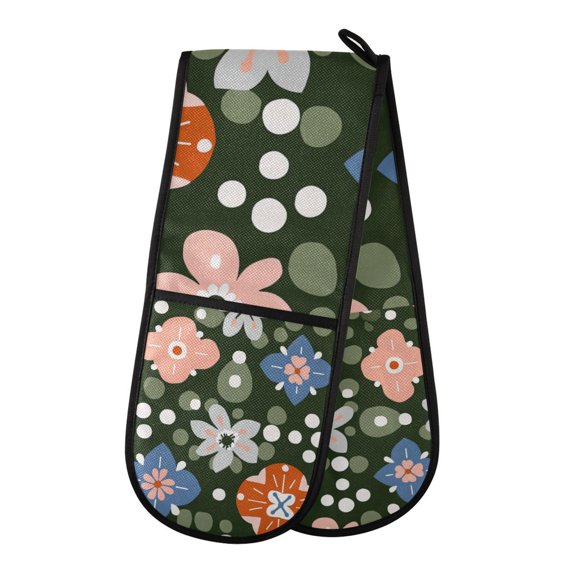 Yayeee Double Oven Mitt Kitchen Heat Resistant Baking 35" x7" Quilted Glove, Blue Geometric Flowers
