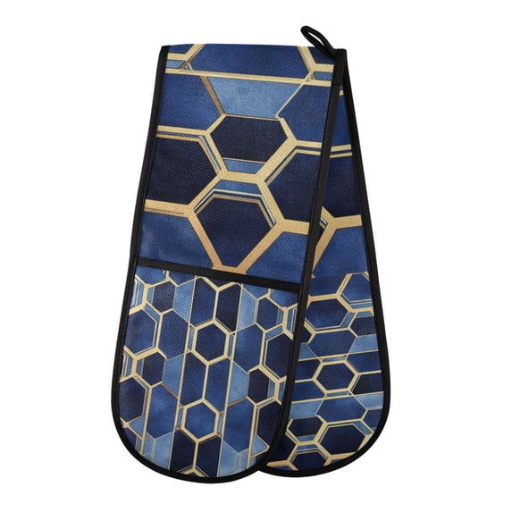 Yayeee Double Oven Mitt Kitchen Heat Resistant Baking 35" x7" Quilted Glove, Blue Hexagon Pattern