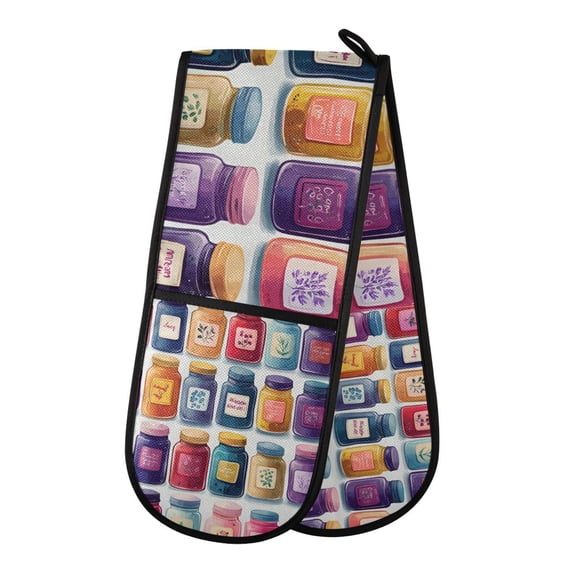 Yayeee Double Oven Mitt Kitchen Heat Resistant Baking 35" x7" Quilted Glove, Blue Jam Jars