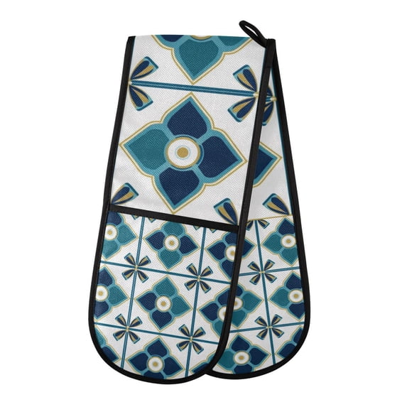 Yayeee Double Oven Mitt Kitchen Heat Resistant Baking 35" x7" Quilted Glove, Blue Mosaic Pattern