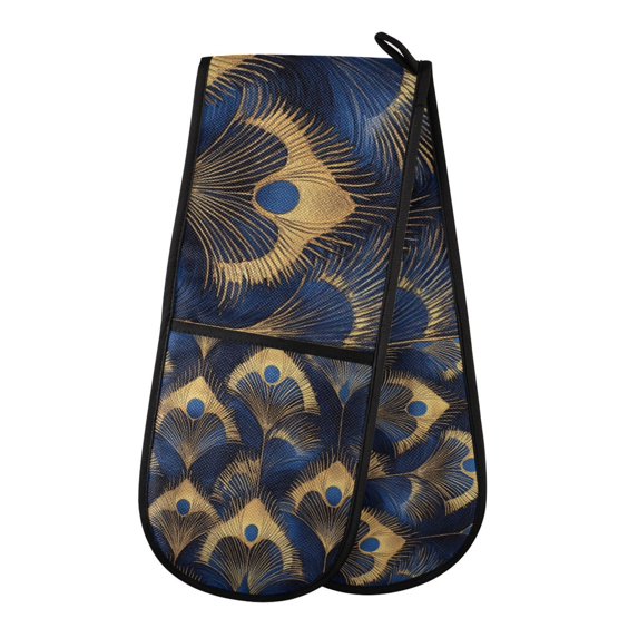 Yayeee Double Oven Mitt Kitchen Heat Resistant Baking 35" x7" Quilted Glove, Blue Peacock Feathers Pattern