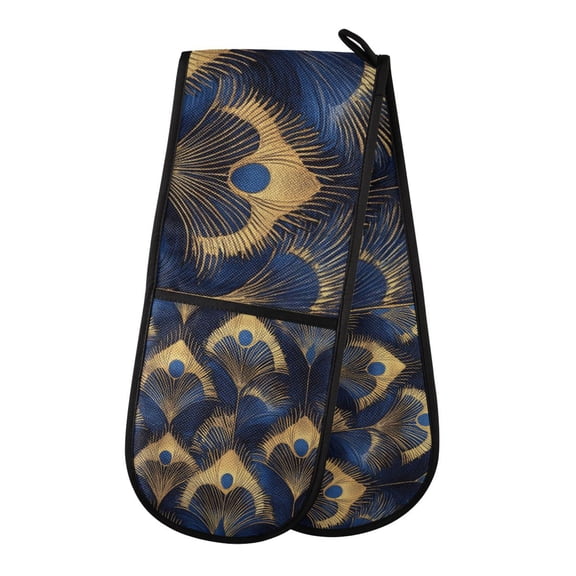 Yayeee Double Oven Mitt Kitchen Heat Resistant Baking 35" x7" Quilted Glove, Blue Peacock Feathers Pattern