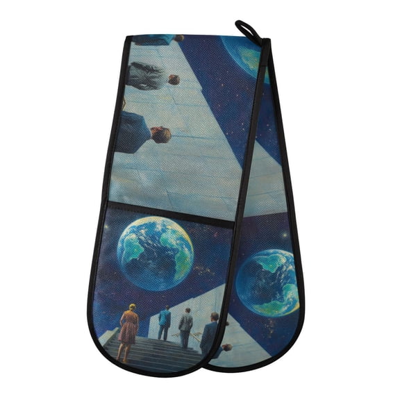 Yayeee Double Oven Mitt Kitchen Heat Resistant Baking 35" x7" Quilted Glove, Blue Planet