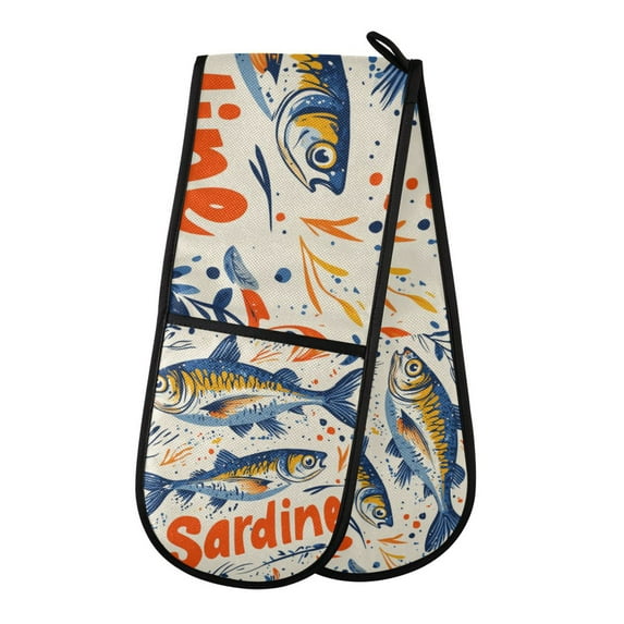 Yayeee Double Oven Mitt Kitchen Heat Resistant Baking 35" x7" Quilted Glove, Blue Sardines Pattern
