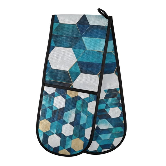 Yayeee Double Oven Mitt Kitchen Heat Resistant Baking 35" x7" Quilted Glove, Blue White Geometric Patterns
