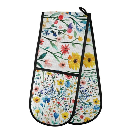 Yayeee Double Oven Mitt Kitchen Heat Resistant Baking 35" x7" Quilted Glove, Blue Wildflower Pattern