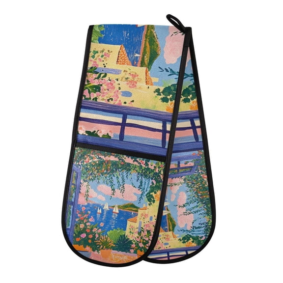 Yayeee Double Oven Mitt Kitchen Heat Resistant Baking 35" x7" Quilted Glove, Blue Window