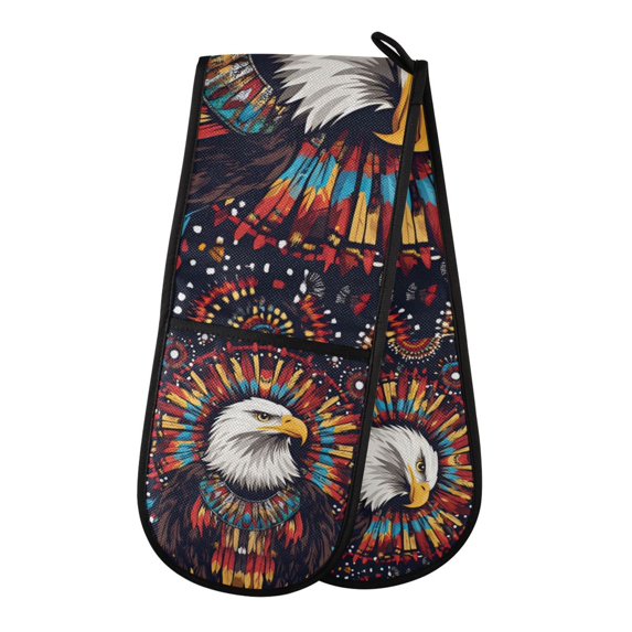 Yayeee Double Oven Mitt Kitchen Heat Resistant Baking 35" x7" Quilted Glove, Brown Abstract Eagle