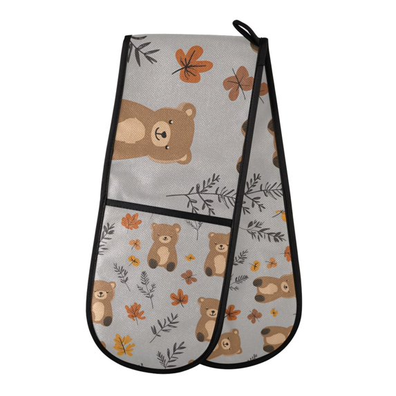 Yayeee Double Oven Mitt Kitchen Heat Resistant Baking 35" x7" Quilted Glove, Brown Cartoon Bears