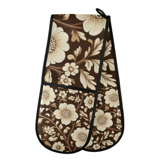 Yayeee Double Oven Mitt Kitchen Heat Resistant Baking 35" x7" Quilted Glove, Brown Floral
