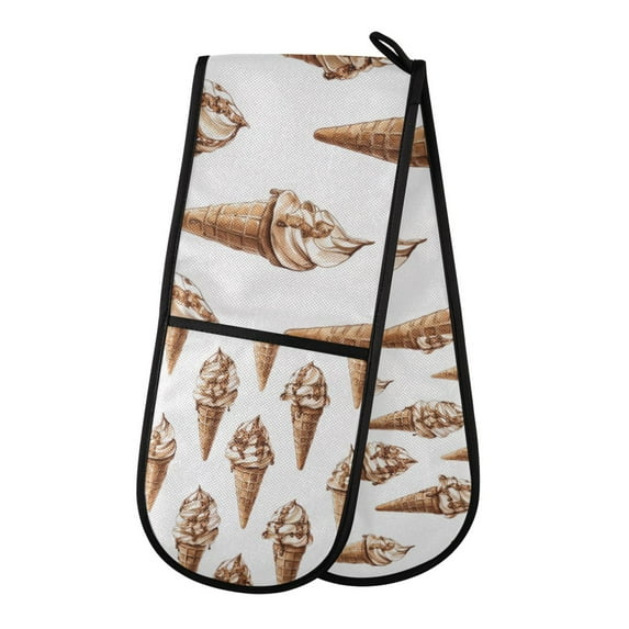 Yayeee Double Oven Mitt Kitchen Heat Resistant Baking 35" x7" Quilted Glove, Brown Ice Cream Pattern