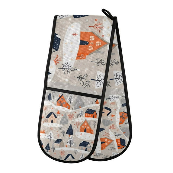Yayeee Double Oven Mitt Kitchen Heat Resistant Baking 35" x7" Quilted Glove, Cartoon Gray Houses