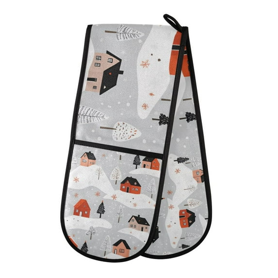 Yayeee Double Oven Mitt Kitchen Heat Resistant Baking 35" x7" Quilted Glove, Cartoon Red Houses