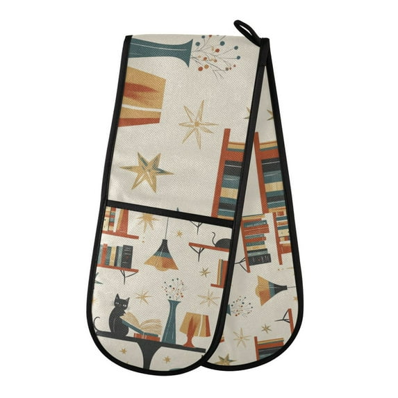 Yayeee Double Oven Mitt Kitchen Heat Resistant Baking 35" x7" Quilted Glove, Cats Reading Pattern