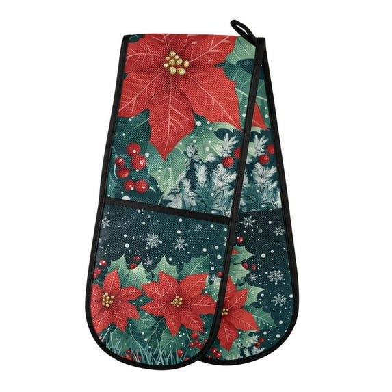Yayeee Double Oven Mitt Kitchen Heat Resistant Baking 35" x7" Quilted Glove, Christmas Poinsettia