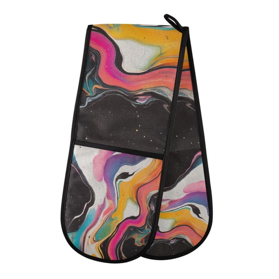 Yayeee Double Oven Mitt Kitchen Heat Resistant Baking 35" x7" Quilted Glove, Colorful Black