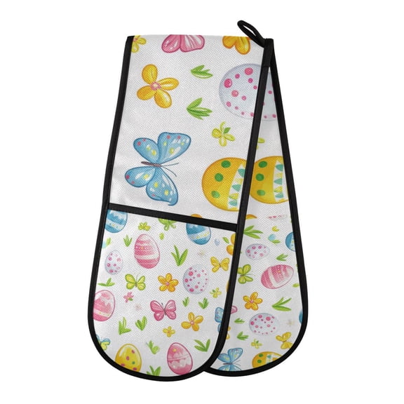 Yayeee Double Oven Mitt Kitchen Heat Resistant Baking 35" x7" Quilted Glove, Colorful Easter Eggs