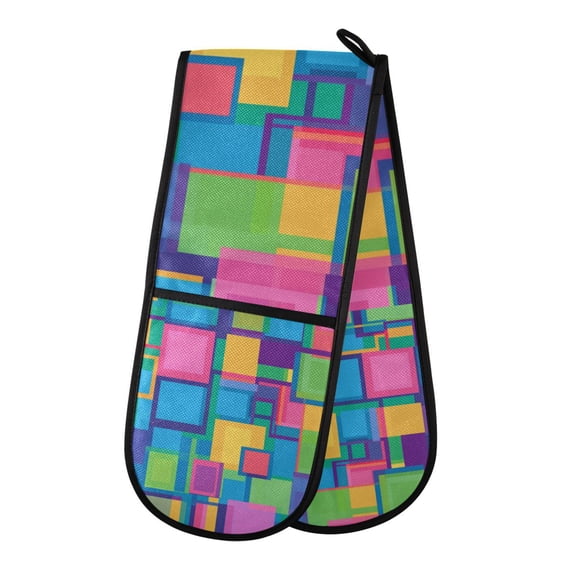 Yayeee Double Oven Mitt Kitchen Heat Resistant Baking 35" x7" Quilted Glove, Colorful Geometric Pattern