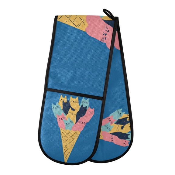 Yayeee Double Oven Mitt Kitchen Heat Resistant Baking 35" x7" Quilted Glove, Colorful Ice Cream Cat