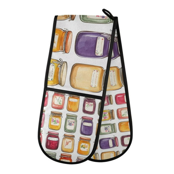 Yayeee Double Oven Mitt Kitchen Heat Resistant Baking 35" x7" Quilted Glove, Colorful Jam Jars