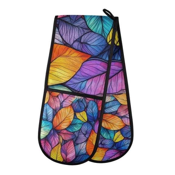 Yayeee Double Oven Mitt Kitchen Heat Resistant Baking 35" x7" Quilted Glove, Colorful Leaves