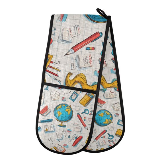 Yayeee Double Oven Mitt Kitchen Heat Resistant Baking 35" x7" Quilted Glove, Colorful School